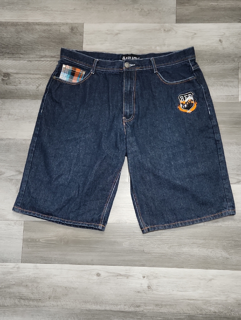 Red Ape Blue Denim Shorts Blue Orange White Embroidered Stitching Mens Size 42